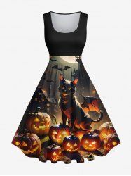Plus Size Glitter Pumpkin Lantern Cat Bat House Print Halloween Costume Vintage Swing A Line Dress -  
