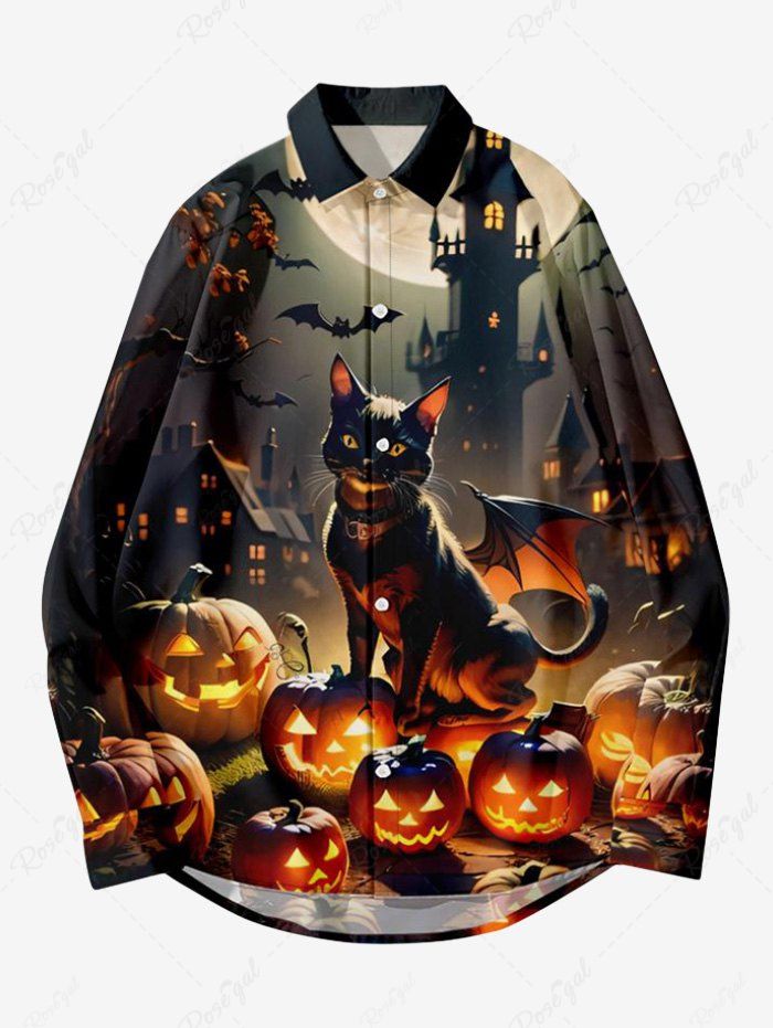 Unique Plus Size Glitter Pumpkin Lantern Cat Bat Castle Moon Print Halloween Button Shirt For Men  