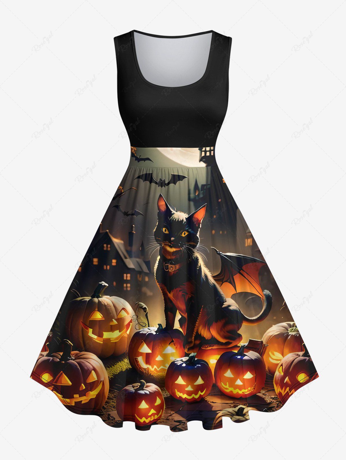 New Plus Size Glitter Pumpkin Lantern Cat Bat House Print Halloween Costume Vintage Swing A Line Dress  