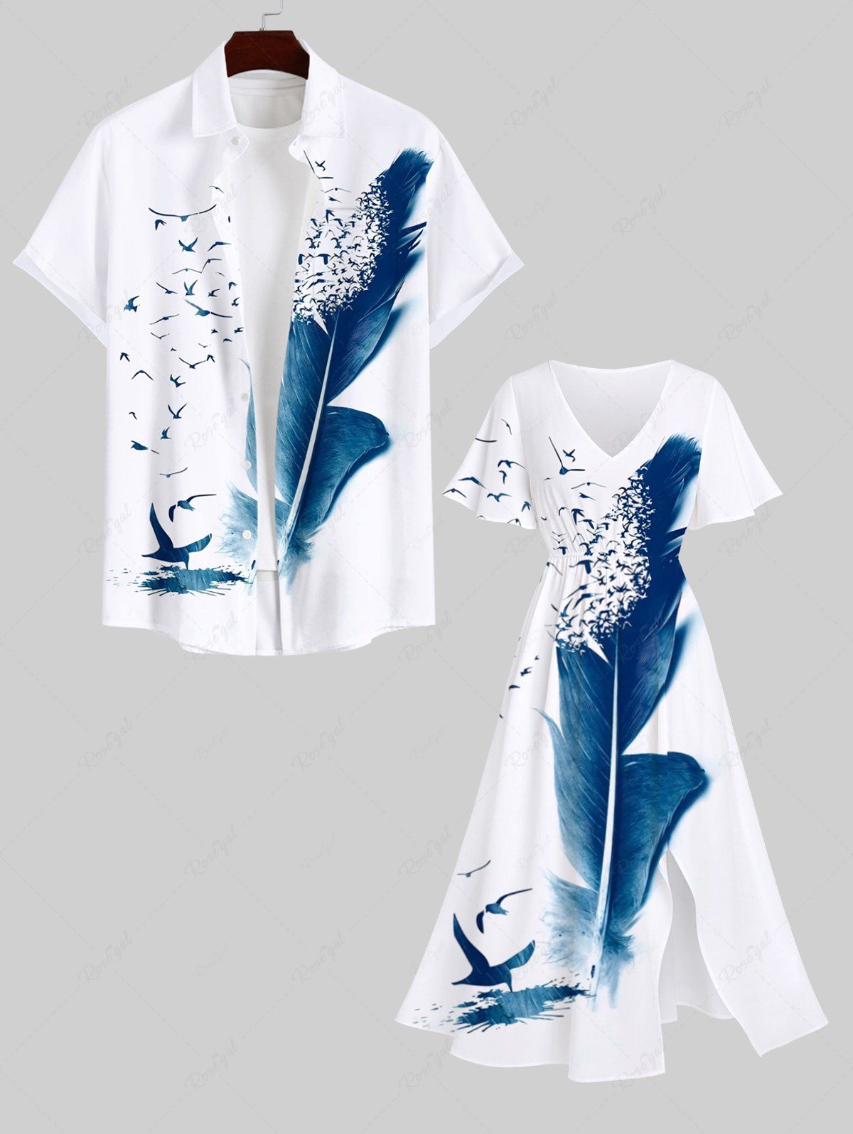 Online Feather Birds Paint Splatter Print Plus Size Matching Hawaii Beach Outfit For Couples  
