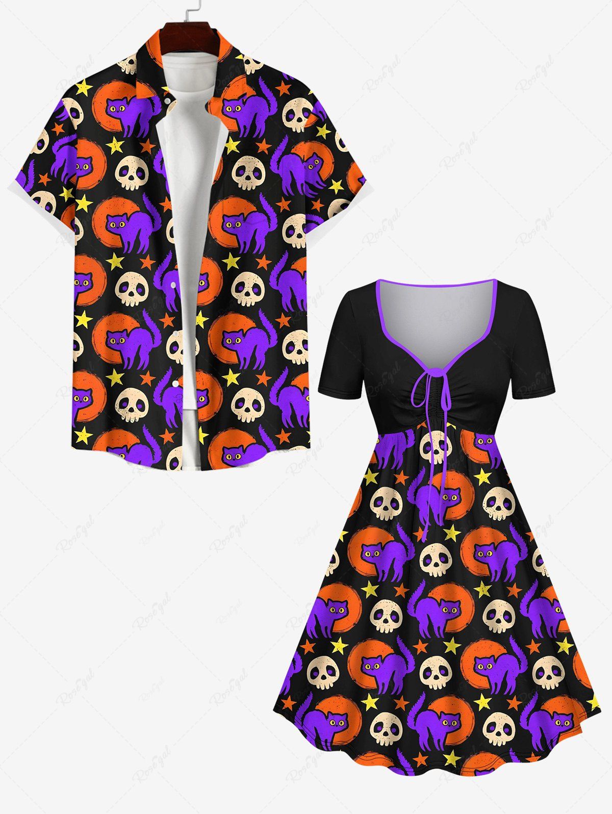 Costume D'Halloween Imprimé Chat et Lune Grande Taille Mignon pour Couples Noir 
