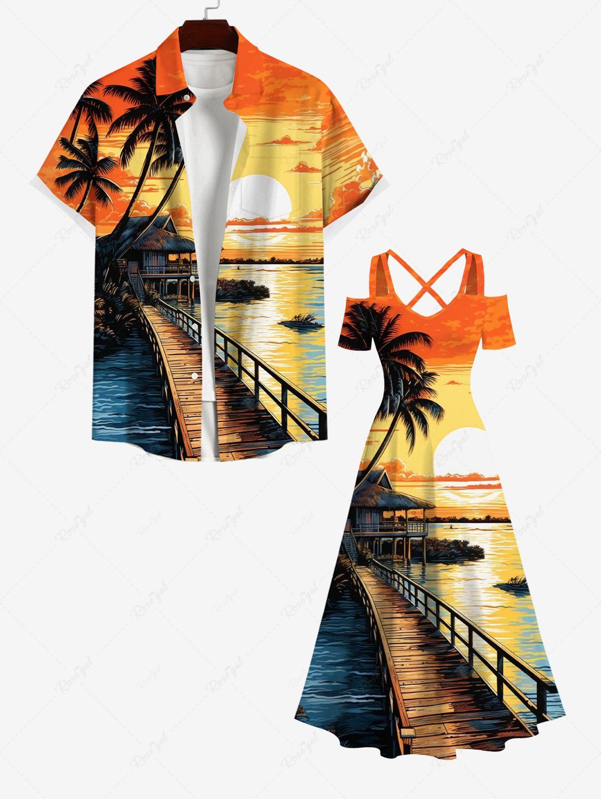 Shop Coconut Tree Bridge Sunset Ombre Colorblock Sky Print Plus Size Matching Hawaii Beach Outfit For Couples  