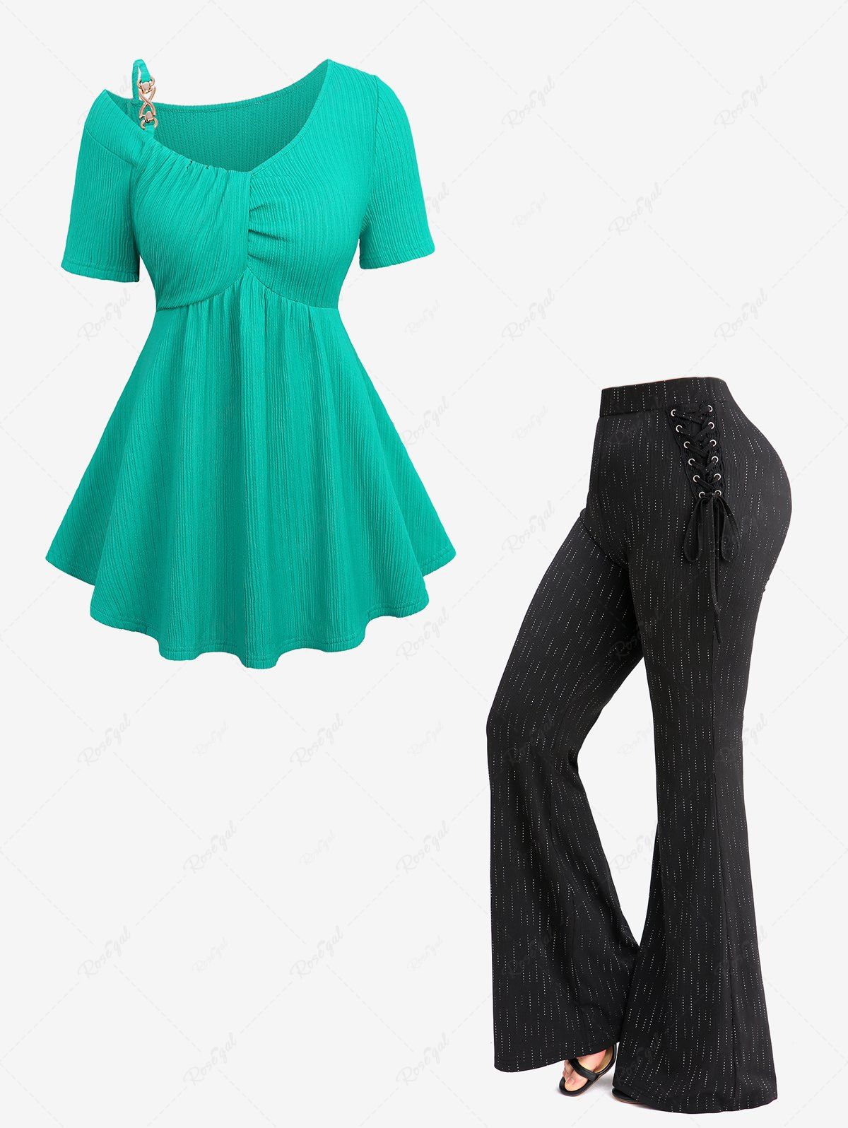 New Asymmetric Collar with Chain Solid Top and Glitter Line Insert Ribbed Lace Up Flare Pants Plus Size Outfit  
