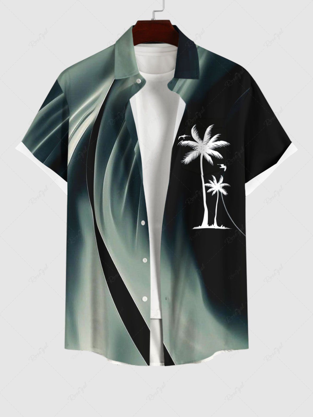 Sale Plus Size Coconut Tree Ombre Light Beam 3D Print Buttons Pocket Hawaii Shirt For Men  