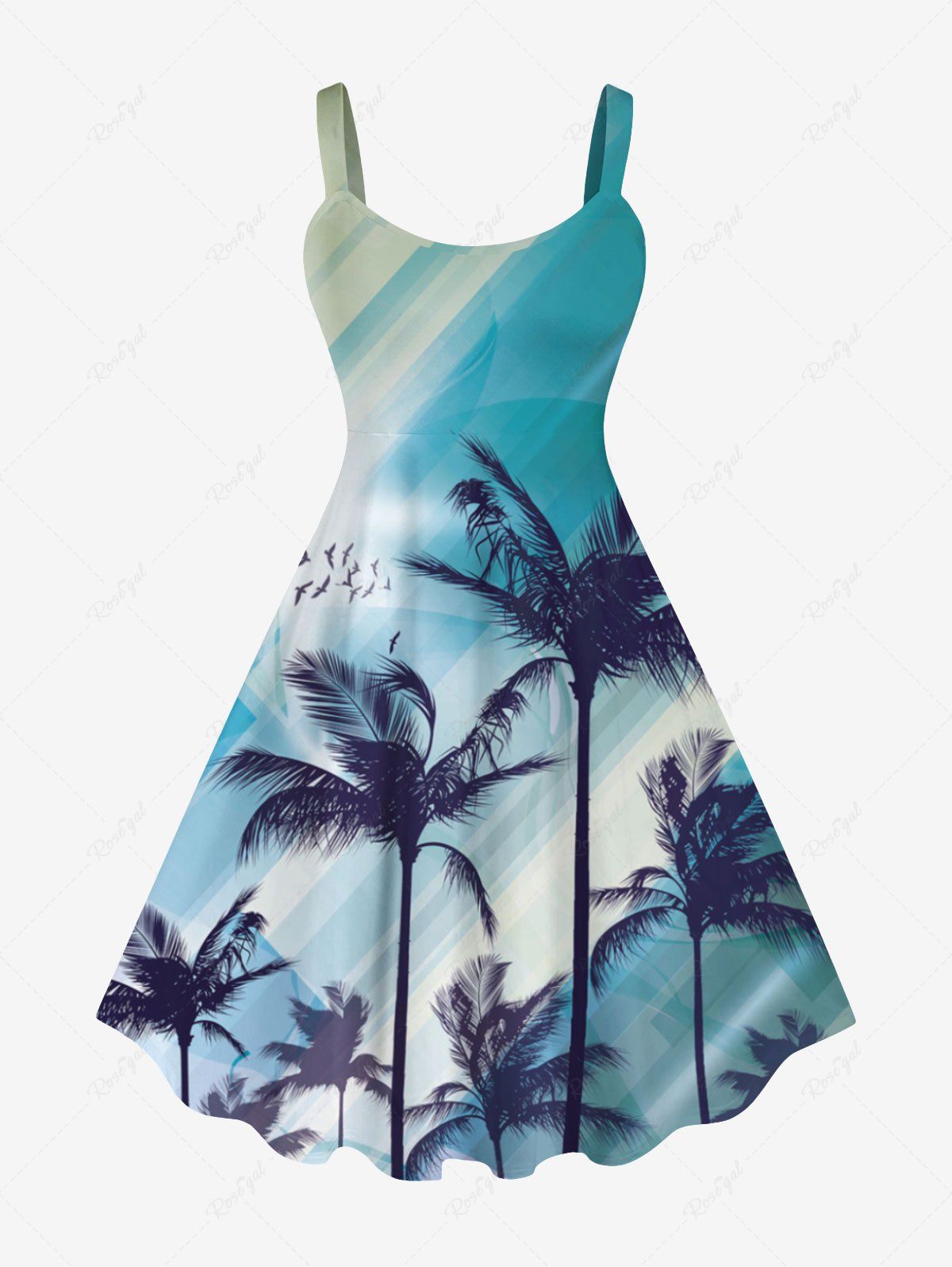 Outfit Plus Size Coconut Tree Bird Ombre Light Beam 3D Print Hawaii Tank Dress  