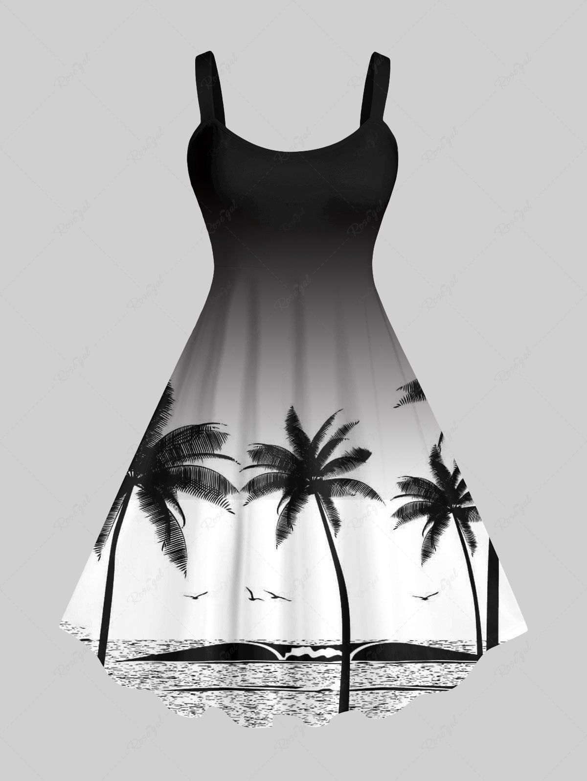 Latest Plus Size Ombre Colorblock Coconut Tree Sea Print Hawaii Tank Dress  