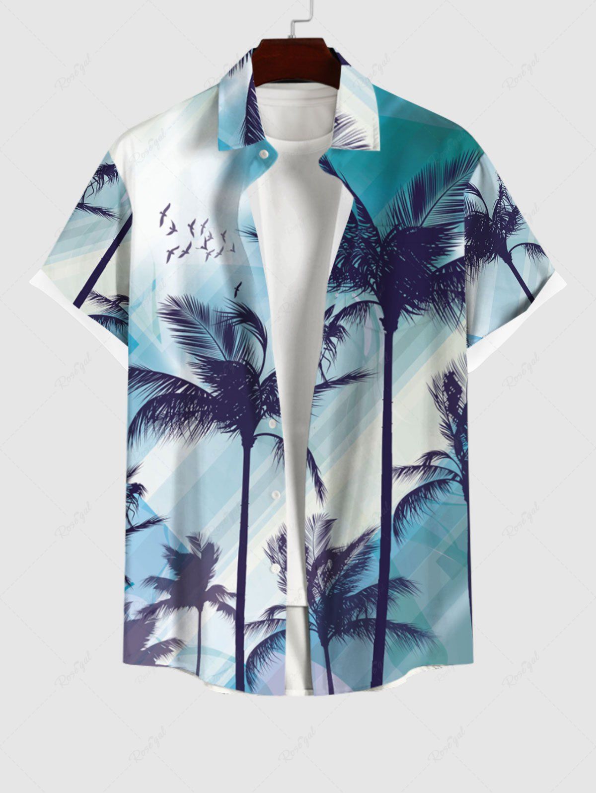 Store Plus Size Coconut Tree Bird Ombre Light Beam 3D Print Buttons Pocket Hawaii Shirt For Men  