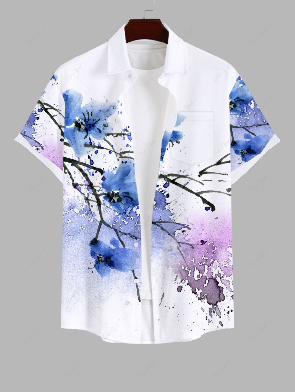 Chic Plus Size Tie Dye Paint Splatter Branch Flowers Print Buttons Pocket Hawaii Shirt For Men  