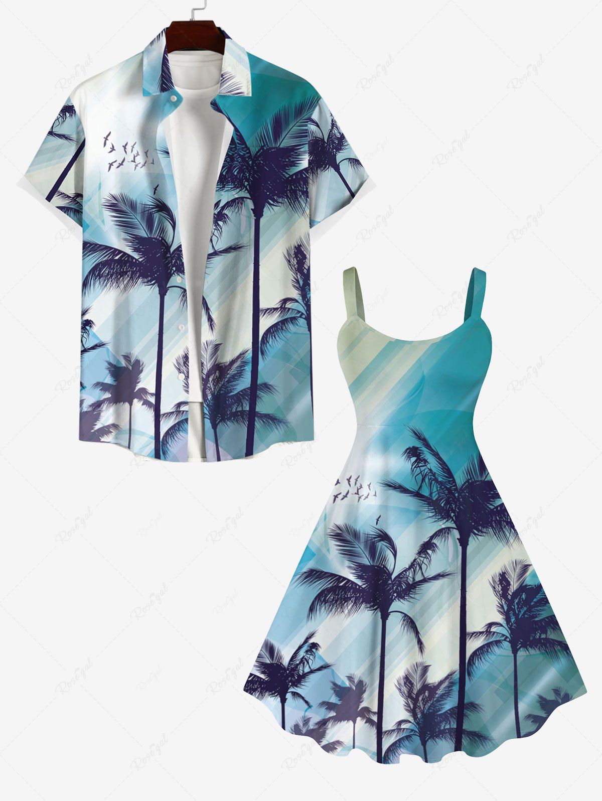 Fancy Coconut Tree Bird Ombre Light Beam 3D Print Plus Size Matching Hawaii Beach Outfit For Couples  