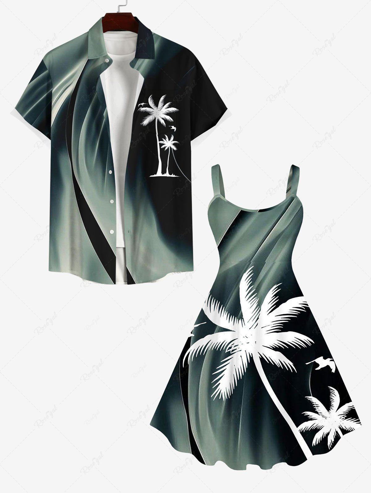 Affordable Coconut Tree Ombre Light Beam 3D Print Plus Size Matching Hawaii Beach Outfit For Couples  