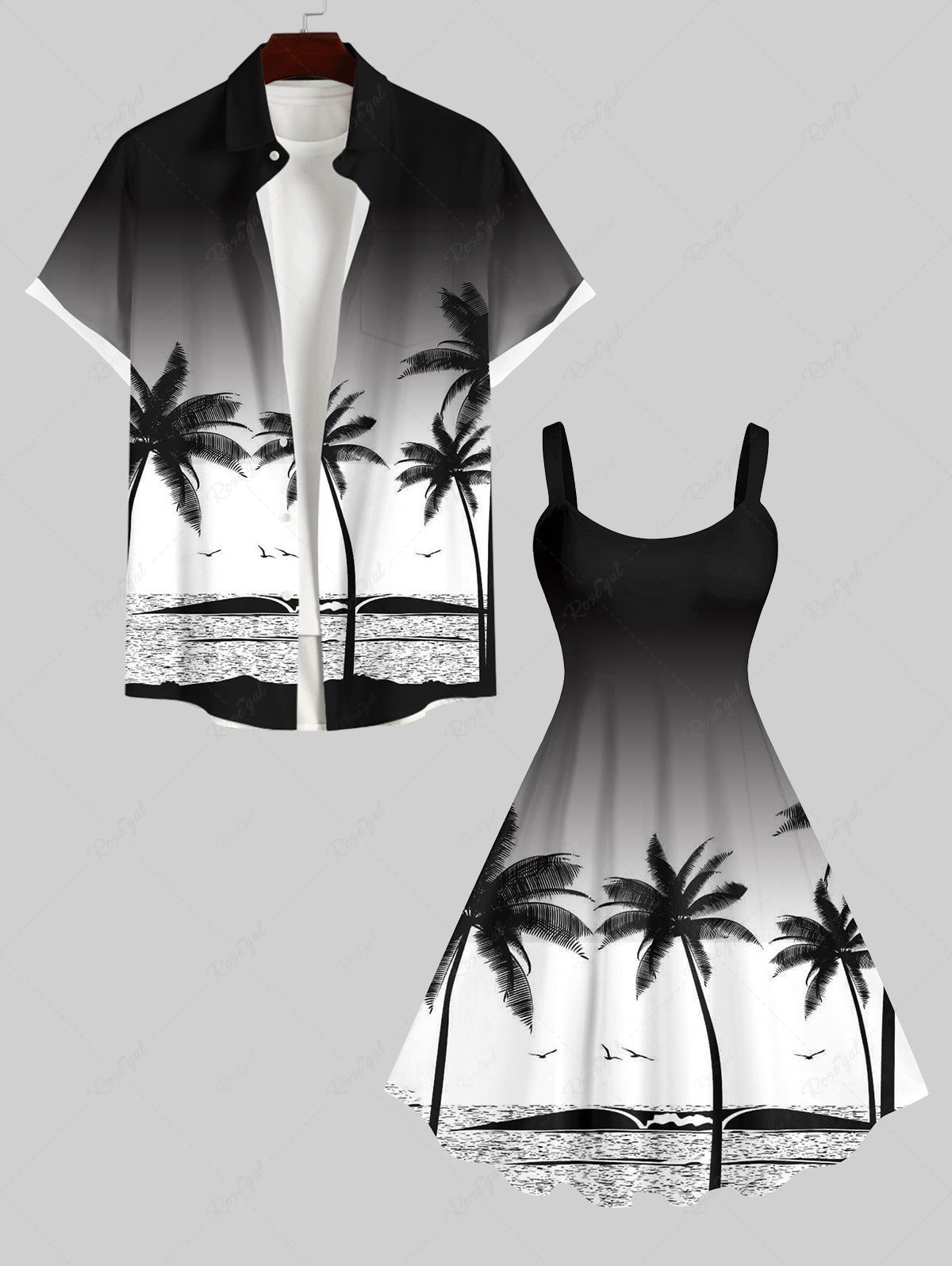 Discount Ombre Colorblock Coconut Tree Sea Print Plus Size Matching Hawaii Beach Outfit For Couples  