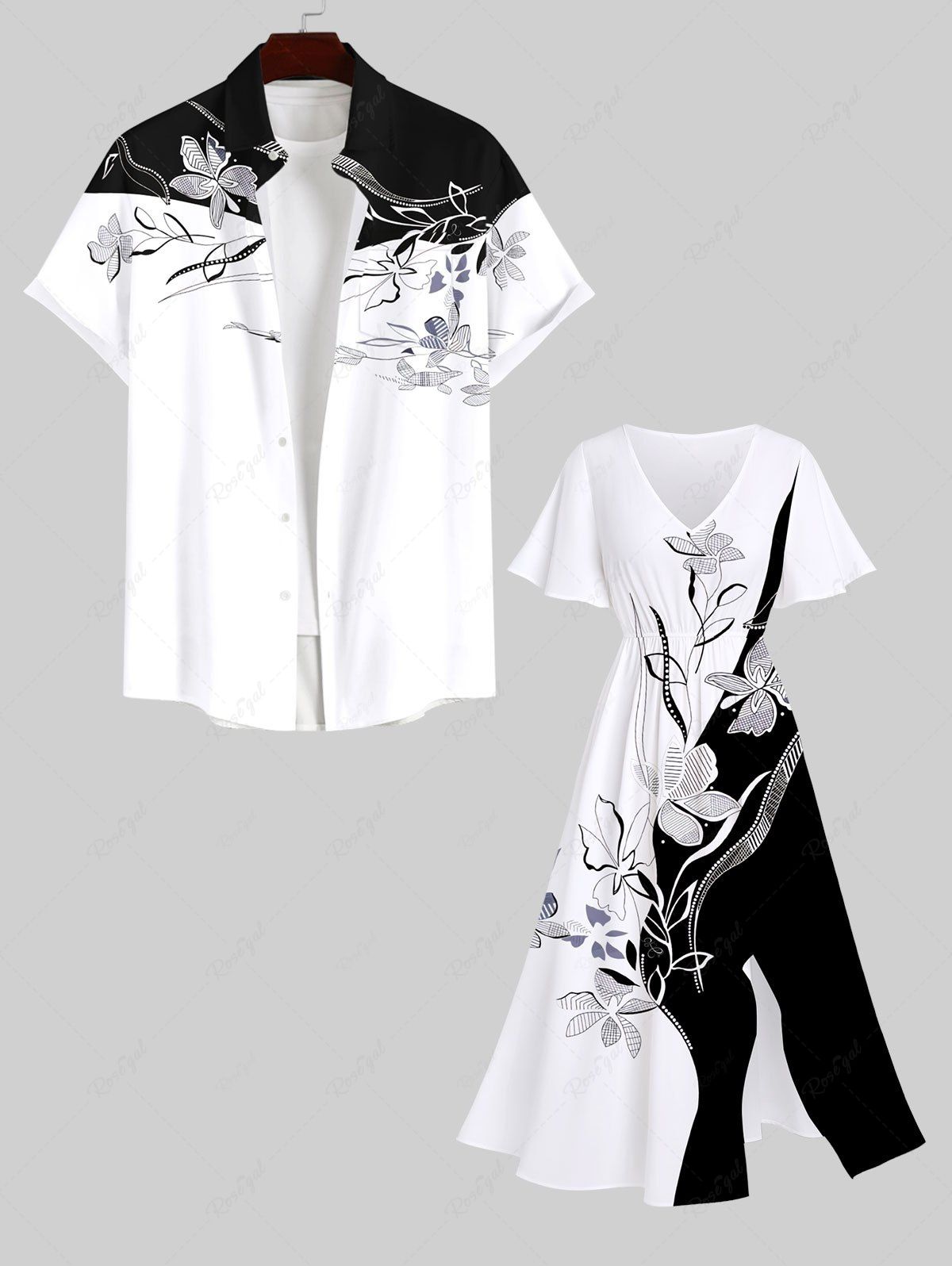 Trendy Floral Leaves Two Tone Print Plus Size Matching Hawaii Beach Outfit For Couples  