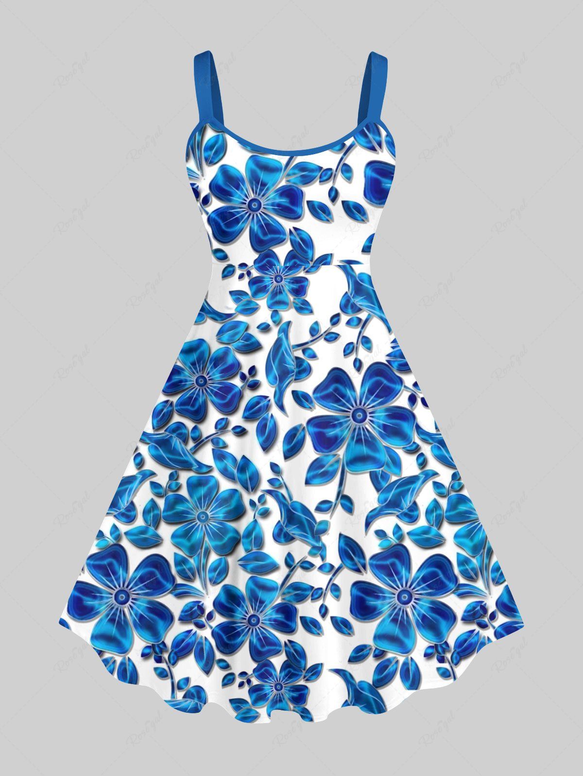 Discount Plus Size Ombre Floral Leaves Print Hawaii A Line Tank Dress  