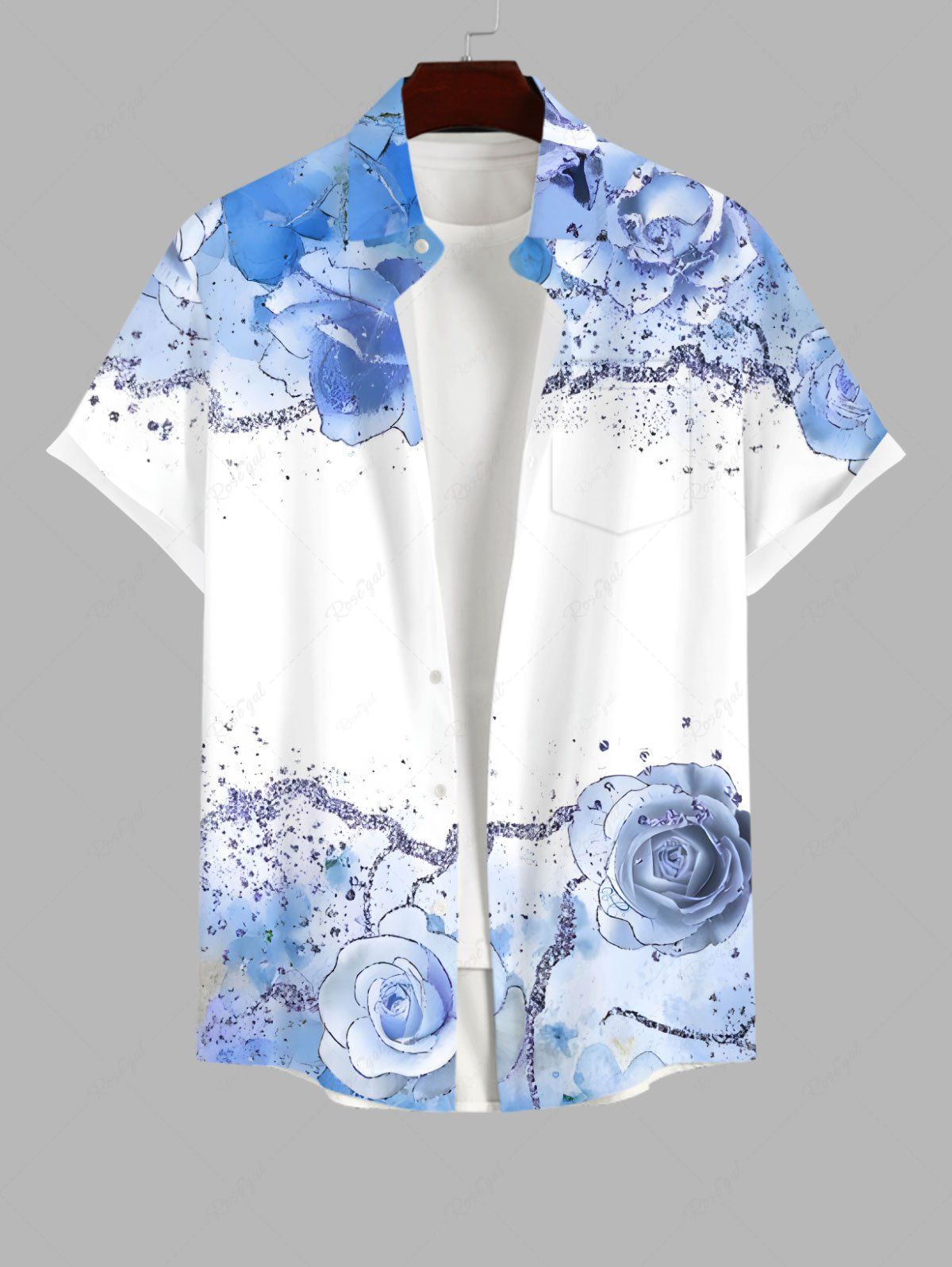 Unique Plus Size Watercolor Tie Dye Ombre Rose Flower Ink Painting Splatter Print Hawaii Button Pocket Shirt For Men  