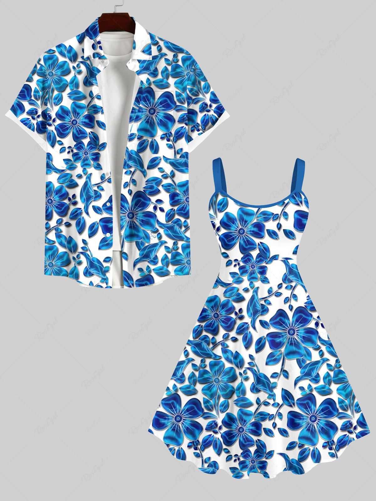 Hot Ombre Floral Leaves Print Plus Size Matching Hawaii Beach Outfit For Couples  