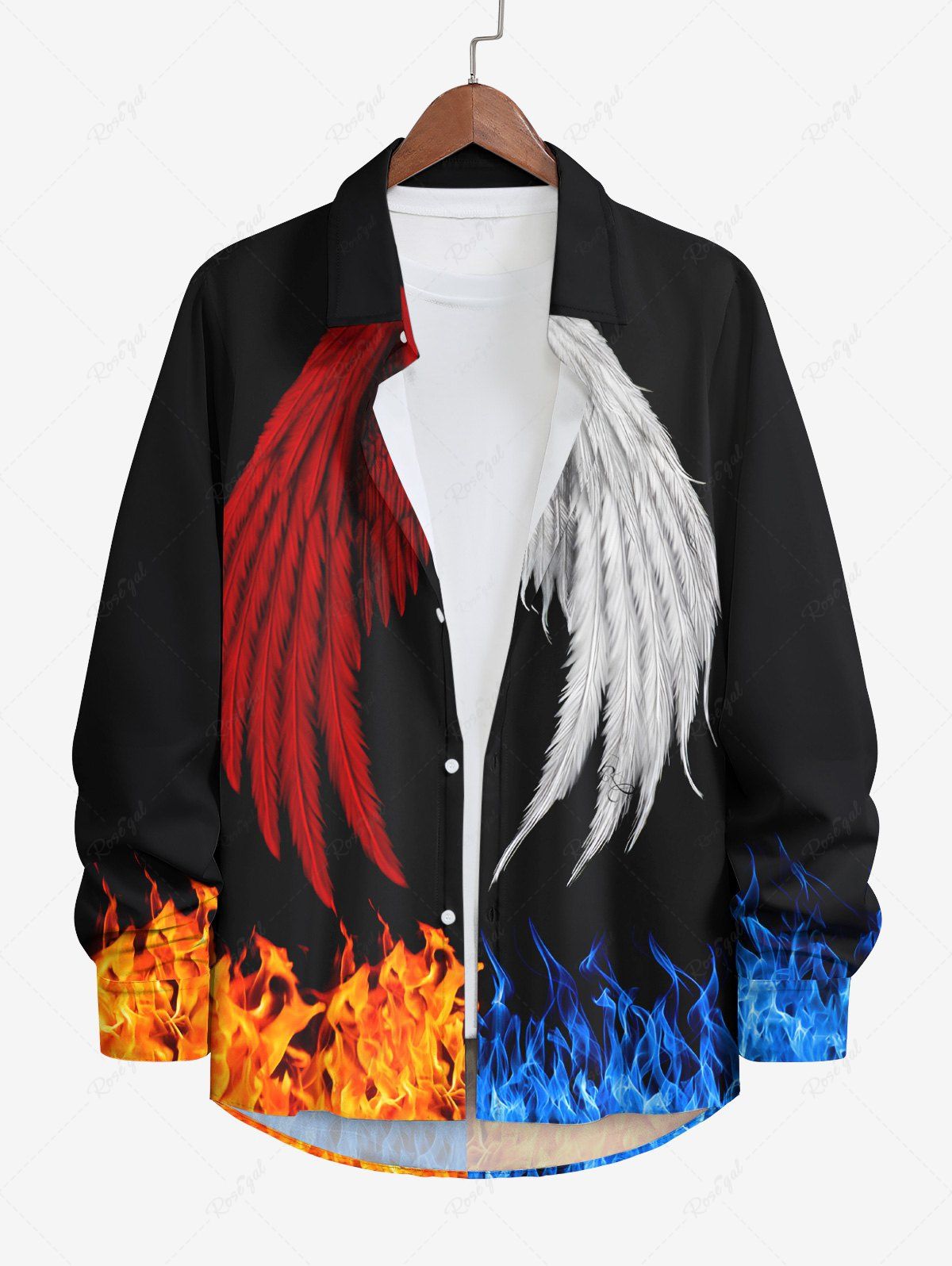 New Plus Size Feather Wings Fire Flame Print Halloween Button Shirt For Men  