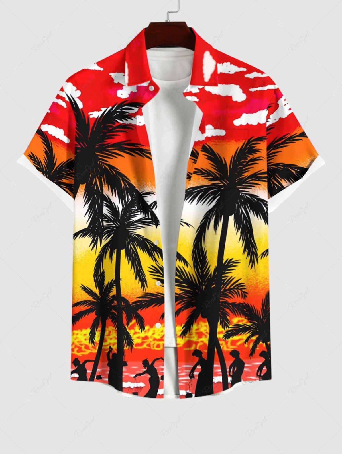 Store Plus Size Coconut Tree Sea Dancer Ombre Sky Cloud Print Hawaii Button Pocket Shirt For Men  