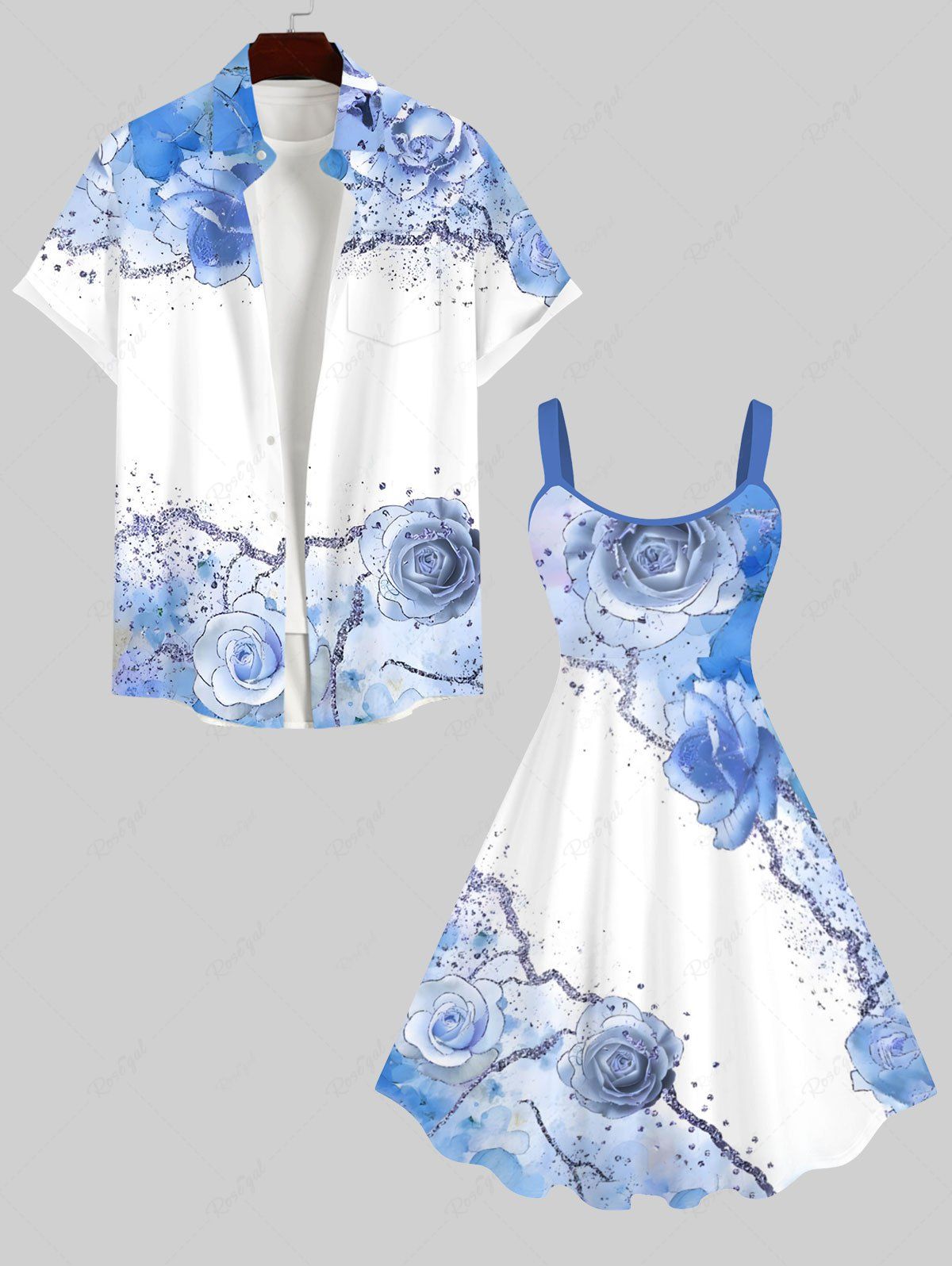 Unique Watercolor Tie Dye Ombre Rose Flower Print Plus Size Matching Hawaii Beach Outfit For Couples  