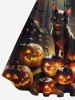 Plus Size Glitter Pumpkin Lantern Cat Bat House Print Halloween Costume Vintage Swing A Line Dress -  
