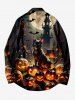 Plus Size Glitter Pumpkin Lantern Cat Bat Castle Moon Print Halloween Button Shirt For Men -  
