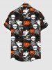 Plus Size Halloween Costume Pumpkin Hat Skull Spider Web Ghost Print Buttons Pocket Shirt For Men -  
