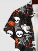 Plus Size Halloween Costume Pumpkin Hat Skull Spider Web Ghost Print Buttons Pocket Shirt For Men -  