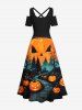 Plus Size Halloween Costume Pumpkin Trees Cross Print Cold Shoulder Crisscross Maxi Dress -  