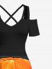 Plus Size Halloween Costume Pumpkin Trees Cross Print Cold Shoulder Crisscross Maxi Dress -  