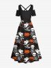 Plus Size Halloween Costume Pumpkin Hat Skull Spider Web Ghost Print Cold Shoulder Crisscross Maxi Dress -  