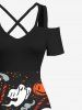 Plus Size Halloween Costume Pumpkin Hat Skull Spider Web Ghost Print Cold Shoulder Crisscross Maxi Dress -  