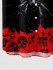 Plus Size Skeleton Spider Fire Flame Print Halloween Button Pocket Shirt For Men -  