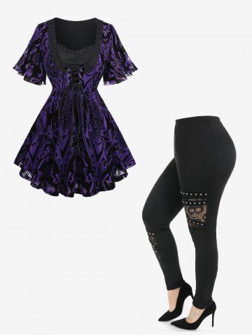 Floral Flocking Grommet Lace-up Ruffles Lace Trim Top and Skull Studded Pants Plus Size Summer Outfit - PURPLE