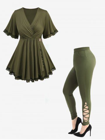 Lace Trim Surplice Ruffles Asymmetrical Tee and Hollow Out Crisscross Side Solid Skinny Leggings Plus Size Summer Outfit - DEEP GREEN