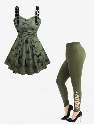 Butterfly Ink Painting Print Surplice Ruffles Tank Top and Hollow Out Crisscross Side Solid Skinny Leggings Plus Size Summer Outfit - DEEP GREEN