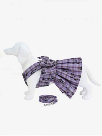 Pet's Butterfly Plaid Print Ruffles Bowknot Tied Dress with Leash - PURPLE - S