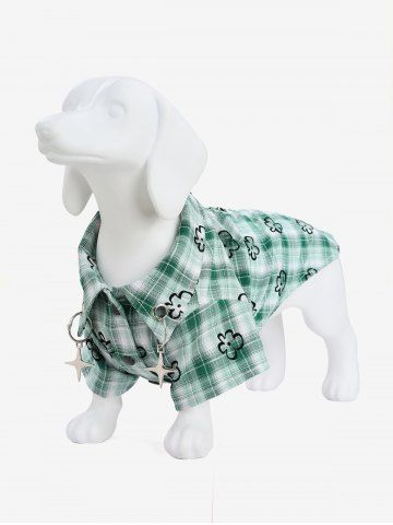 Pet's Plaid Floral Print Toggle Drawstring O-Ring Stars Button Shirt - LIGHT GREEN - 3XL