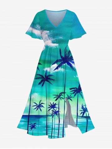 Plus Size Coconut Tree Cloud Sea Ombre Sky Print Split Hawaii Midi Dress - GREEN - 3X