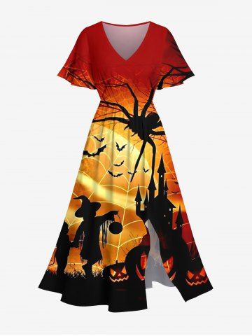 Plus Size Halloween Costume Spider Web Bat Pumpkin Castle Wizard Print Split Midi Dress - DARK ORANGE - 1X