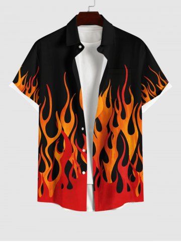 Plus Size Halloween Fire Flame Print Buttons Pocket Shirt For Men - BLACK - M