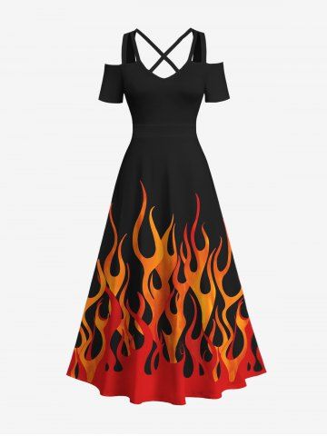 Plus Size Halloween Costume Fire Flame Print Cold Shoulder Crisscross Maxi Dress - BLACK - XS