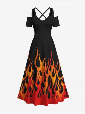 Plus Size Halloween Costume Fire Flame Print Cold Shoulder Crisscross Maxi Dress - BLACK - S