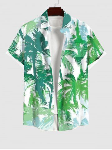 Plus Size Tropical Coconut Tree Print Hawaii Button Pocket Shirt For Men - GREEN - 4XL