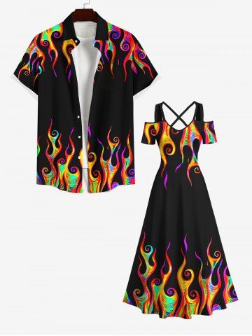 Halloween Costume Colorful Fire Flame Print Plus Size Matching Set For Couples - BLACK