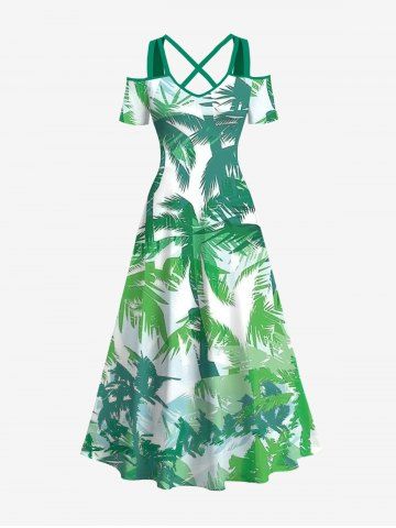 Plus Size Cold Shoulder Tropical Coconut Tree Print Hawaii Crisscross A Line Maxi Dress - GREEN - 1X