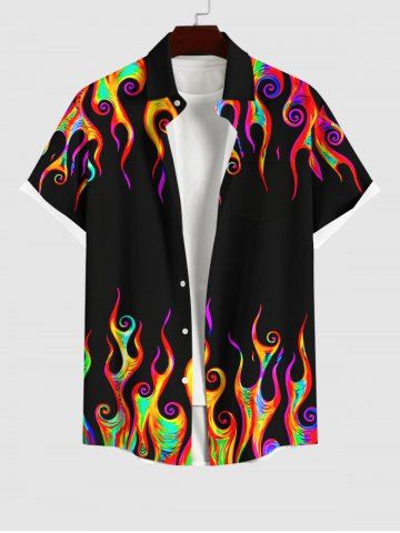 Plus Size Colorful Fire Flame Print Halloween Button Pocket Shirt For Men - BLACK - L