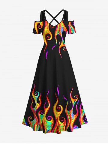 Plus Size Cold Shoulder Colorful Fire Flame Print Halloween Costume Crisscross A Line Maxi Dress - BLACK - L