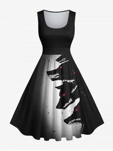 Plus Size Wolf Print Halloween Costume Ombre Vintage Swing A Line Dress