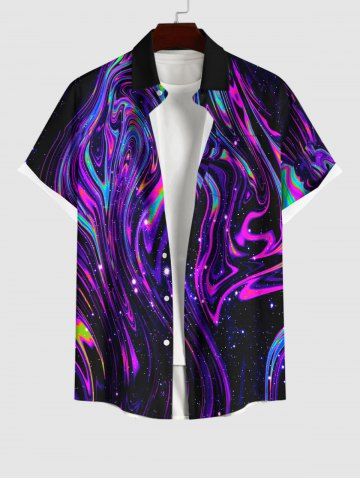 Plus Size Glitter Colorful Fluid Galaxy Psychedelic Waves Print Hawaii Button Pocket Shirt For Men - BLACK - M