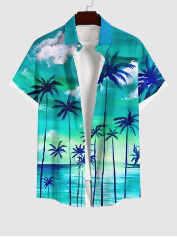 Plus Size Coconut Tree Cloud Sea Ombre Sky Print Buttons Pocket Hawaii Shirt For Men - GREEN - 6XL
