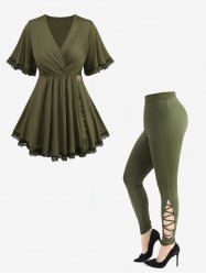 Lace Trim Surplice Ruffles Asymmetrical Tee and Hollow Out Crisscross Side Solid Skinny Leggings Plus Size Summer Outfit -  